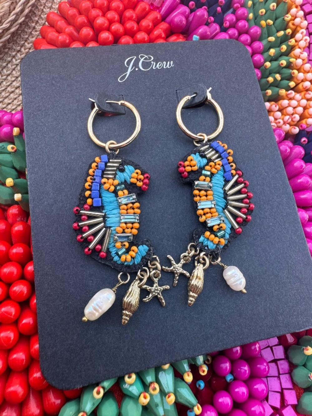 J.Crew Seahorse Charm Hoop Earrings w/ Pearl NWT Beaded Statement
